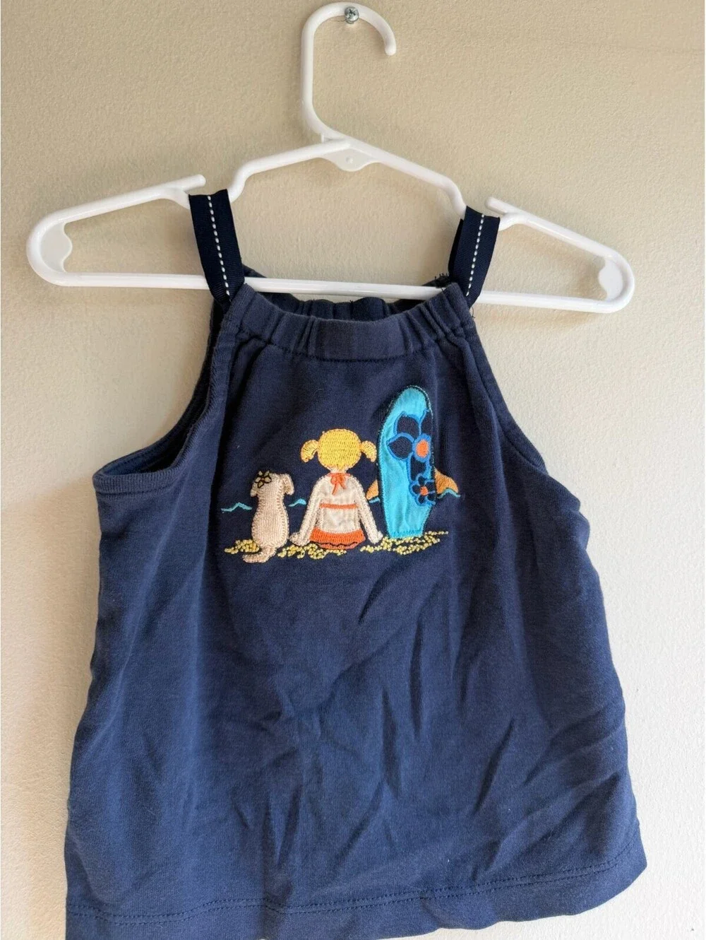 2010 Gymboree Girl Sitting With Dog At Beach Navy Top w/Bow Size 18-24mos